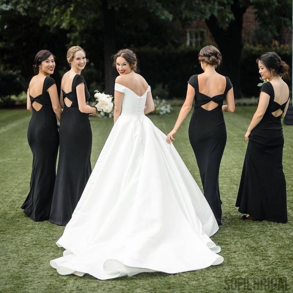 Sheath Beteau Neck Short Sleeves Open-back Black Bridesmaid Dresses, BD1067