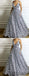 V-neck Grey Floral Prom Dresses, A-line Prom Dresses, Cheap Prom Dresses, PD0680