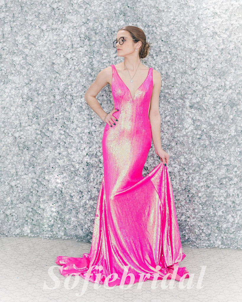 Sexy Special Fabric Spaghetti Straps V-Neck Sleeveless Mermaid Long Prom Dresses, PD0840