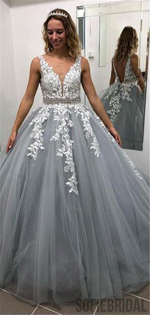Gray V Neck Appliques Ball Gown with Beading Long Prom Dresses, PD0068