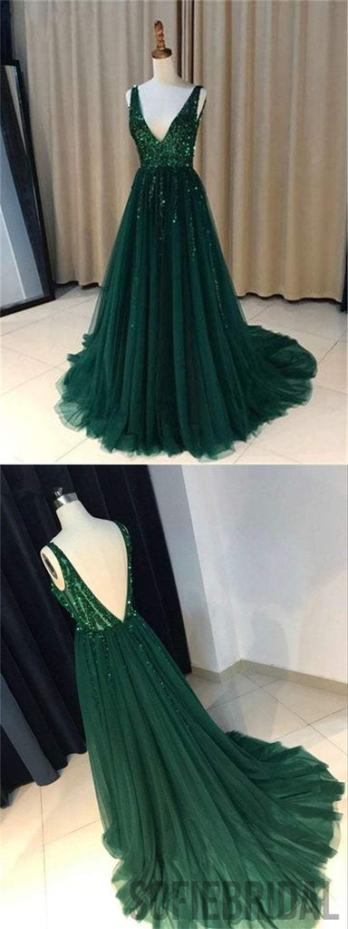 V-neck Green Sequin Tulle Prom Dresses, Lovely Prom Dresses, Prom Dresses, PD0594