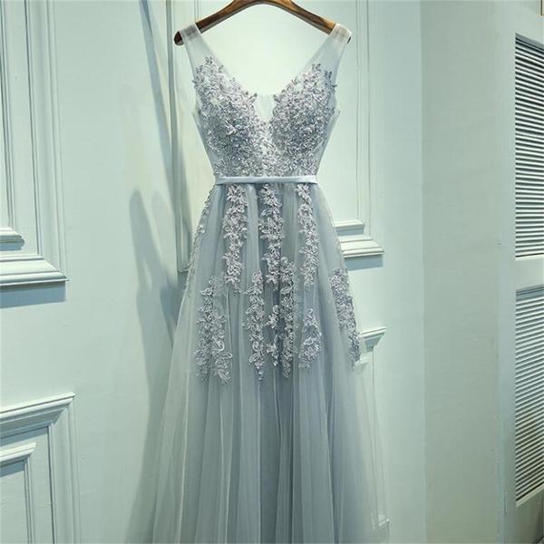 Simple Design Lace Beaded Long A-line Tulle V-back Zip Up Prom Dresses, PD0295