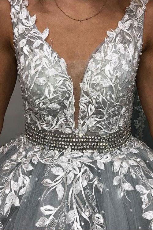 Gray V Neck Appliques Ball Gown with Beading Long Prom Dresses, PD0068