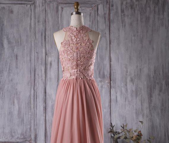 Lace Top See Through Dusty Rose Long A-line Chiffon Prom Bridesmaid Dresses, PD0534