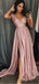 Cheap A-Line V-Neck Sweep Train Prom Dresses With Split, PD0063