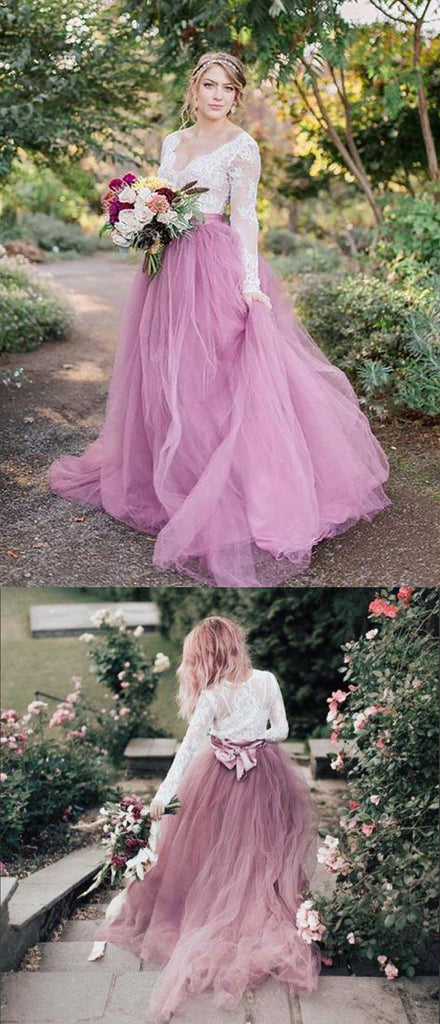 A-Line V-Neck Long Sleeves Pink Tulle Wedding Dresses with Lace Appliques,SFWD0052