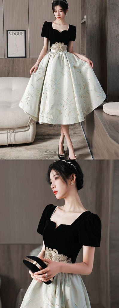 Elegant Velvet Short Sleeve Square Neck Embroidered Applique A-Line Prom Dress,SFPD0186