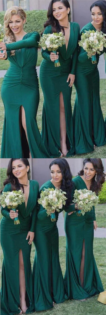 Unique Long Sleeves Sexy V Neck Mermaid Teal Green Cheap Long Bridesmaid Dresses, SFWG00423