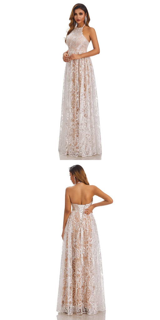 A-Line Lace High Neck Off Shoulder Lace Up Elegant Wedding Dresses,SFWD0051