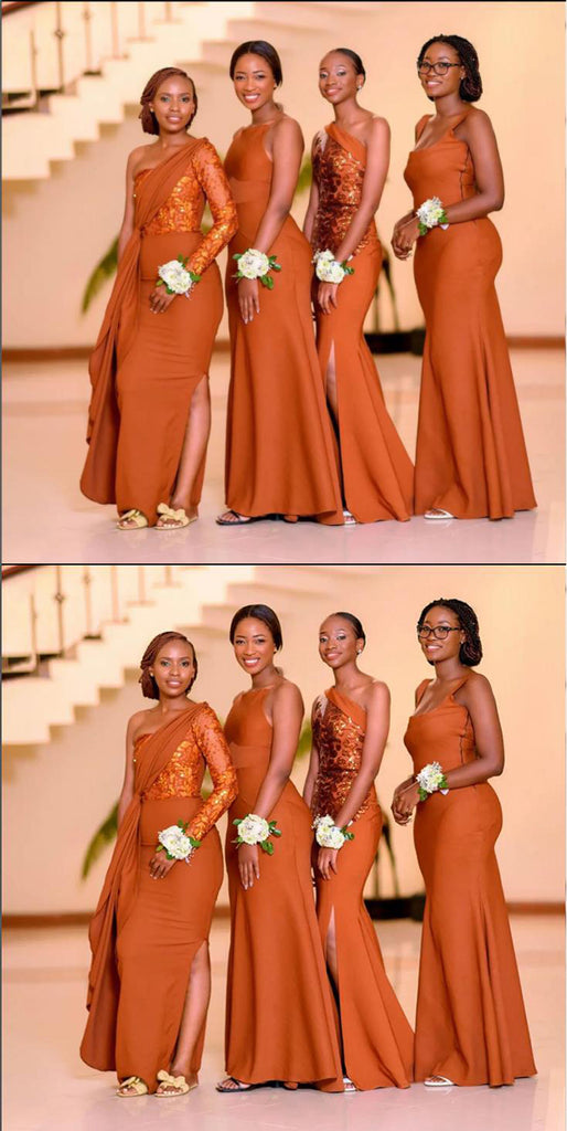 Mismatched Orange Satin Sheath Elegant Bridesmaid Dresses, SFWG00418