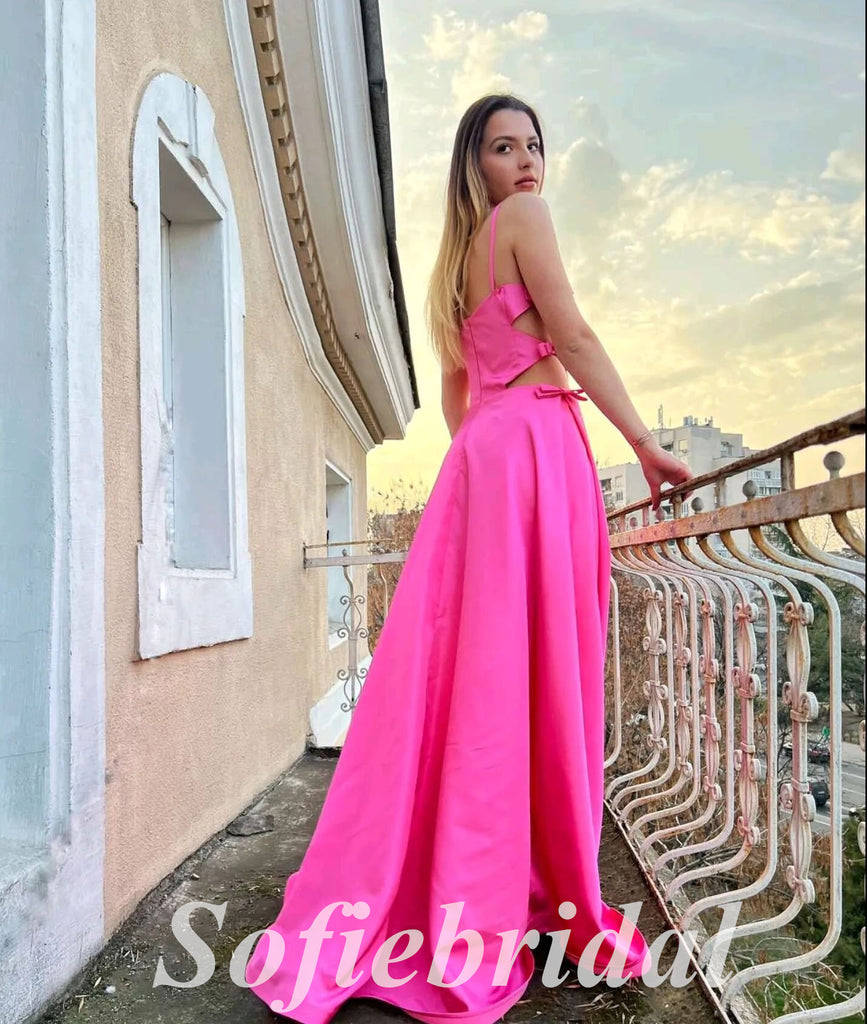 Sexy Satin Spaghetti Straps Sleeveless A-Line Long Prom Dresses, PD0837