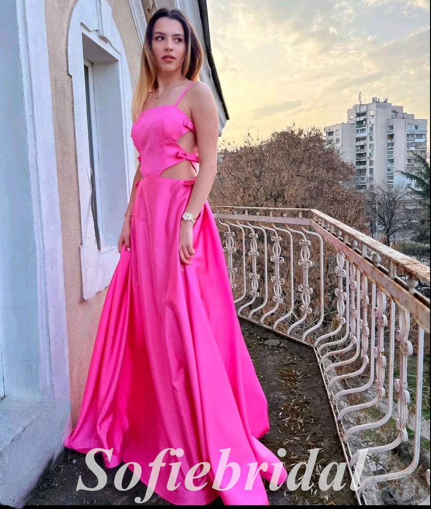 Sexy Satin Spaghetti Straps Sleeveless A-Line Long Prom Dresses, PD0837