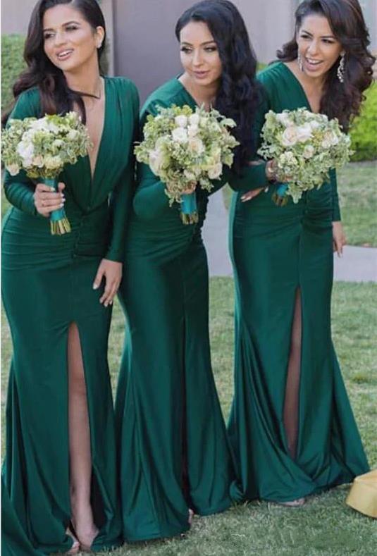 Unique Long Sleeves Sexy V Neck Mermaid Teal Green Cheap Long Bridesmaid Dresses, SFWG00423