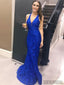 V-neck Royal Blue Lace Long Mermaid Sexy Prom Dresses, PD0922