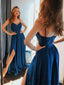 Dark Teal Spaghetti Lace Top Chiffon Long Side Slit Prom Dresses, PD0759