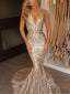 V-neck Gold Lace Sexy Mermaid Long Prom Dresses, PD0794