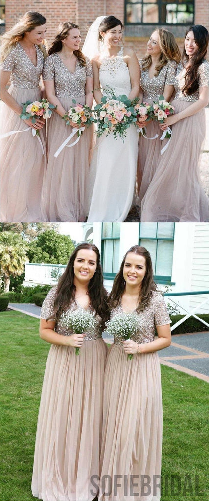 A-line V-neck Short Sleeves Sequins Long Tulle Bridesmaid Dresses, BD0573