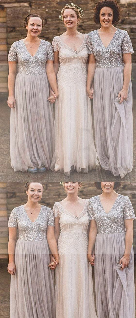 Short Sleeve Sequin Top Tulle Bridesmaid Dresses, Grey Bridesmaid Dresses, Bridesmaid Dresses, WG01
