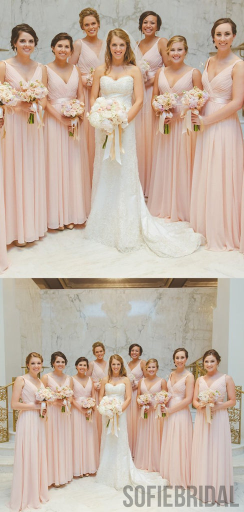V-neck Blush Pink Long A-line Chiffon Bridesmaid Dresses, PD0927