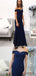 Off Shoulder Long Sheath Navy Bridesmaid Dresses, PD0929