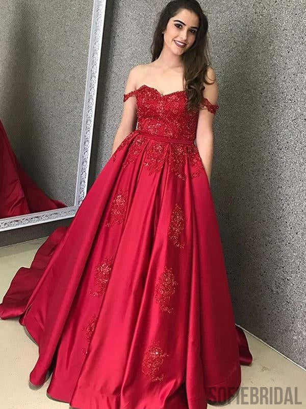 Off Shoulder Long A-line Satin Lace Prom Dresses, PD0882