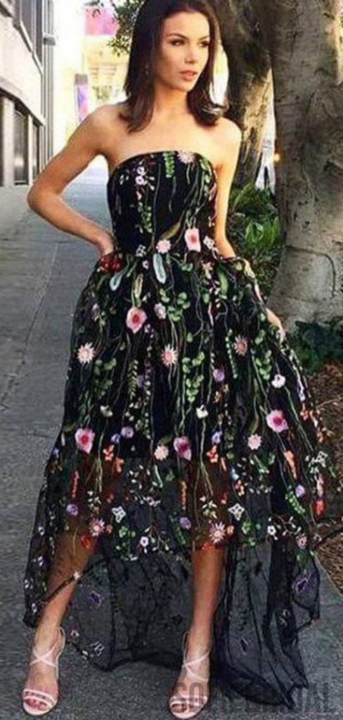Strapless Hi-low Floral Long Prom Dresses, Formal Dresses, PD0811
