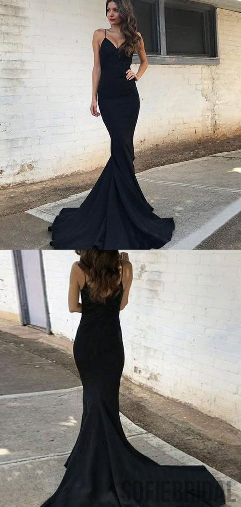 Black V-neck Spaghetti Long Mermaid Prom Dresses, Cheap Prom Dresses, PD0709