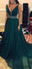 V-neck Long A-line Beaded Emerald Green Chiffon Prom dresses, PD0985