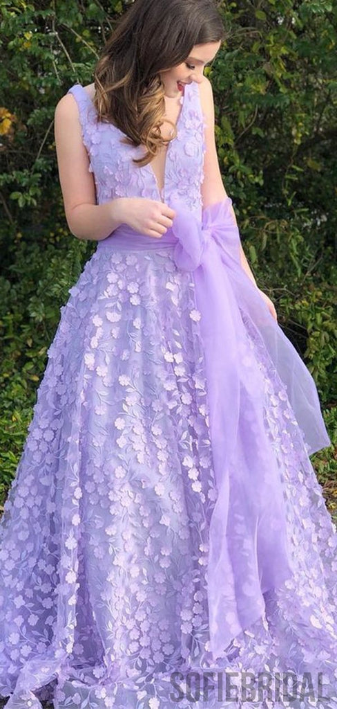 V-neck Light Purple Lace Organza Prom Dresses, PD0958