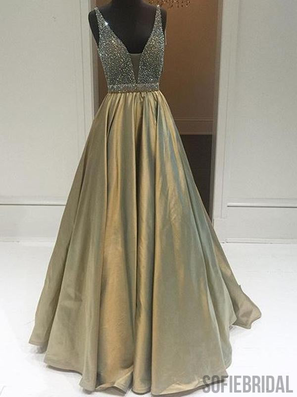 V-neck Beaded Long A-line Prom Dresses, Newest Prom Dresses, PD0816