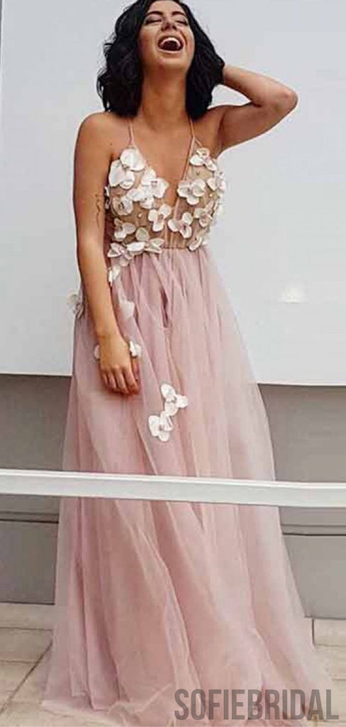 Spaghetti Long A-line Tulle Handmade Flower Prom Dresses, PD0860