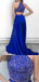 Royal Blue Halter Rhinestone Satin Long Prom Dresses, PD0826