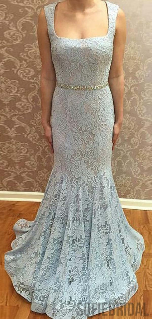 Light Blue Lace Mermaid Long Prom Dresses, Cheap Newest Prom Dresses, PD0771