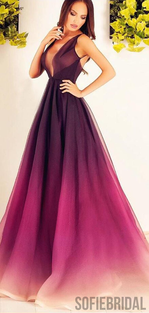 V-neck Long A-line Gradient Unique Cheap Prom Dresses, PD0823