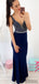 V-neck Long Mermaid Navy Jersey Beaded Prom Dresses, PD0881