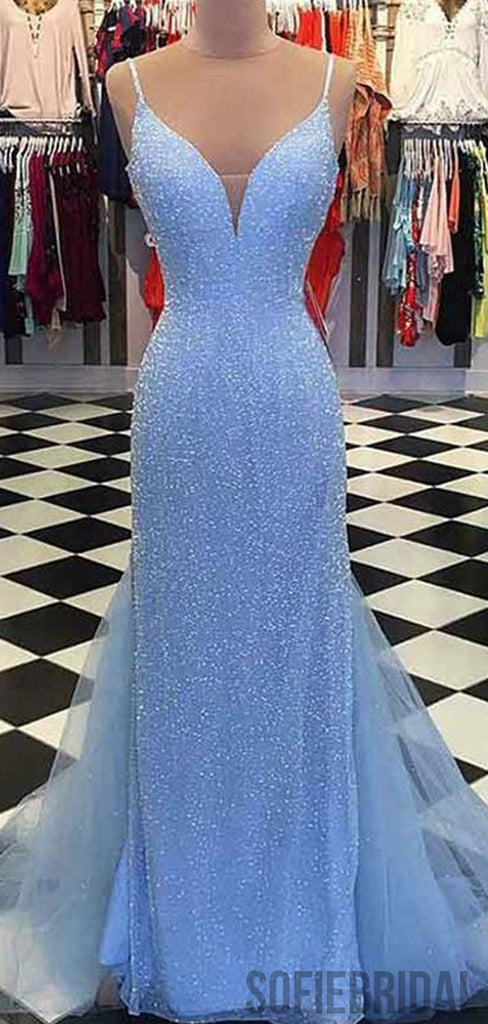 Spaghetti Long Sheath Sequin Tulle Prom Dresses, PD0952