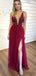 V-neck Beaded Long A-lie Tulle Side Slit Prom Dresses, PD0902