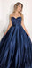 Sweetheart Long A-line Navy Satin Beaded Prom Dresses, PD0976