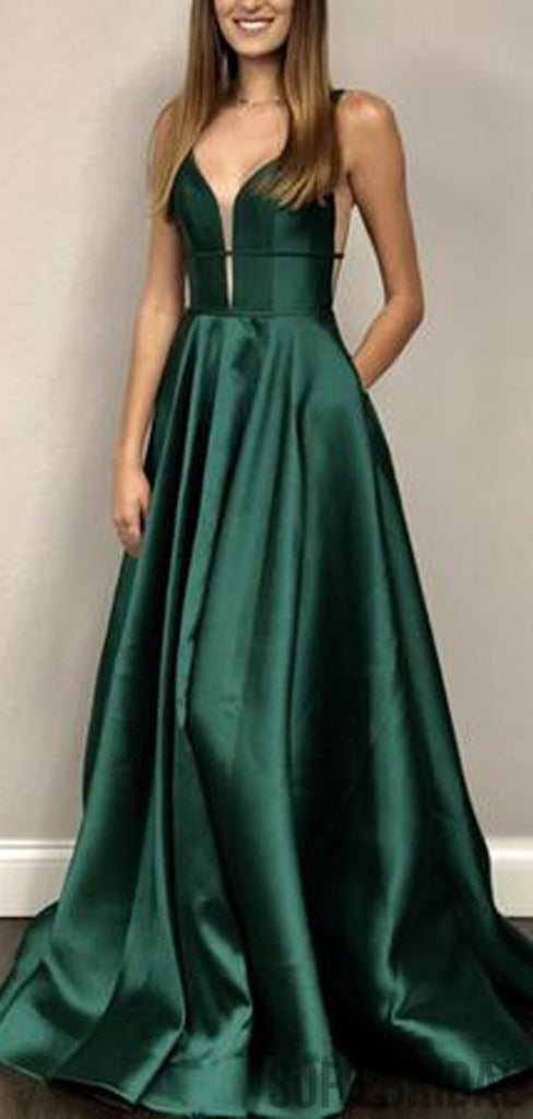 V-neck Long A-line Emerald Green Satin Prom Dresses, PD0974