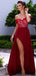 Off Shoulder Red Lace Side Slit Long A-line Prom Dresses, PD0824