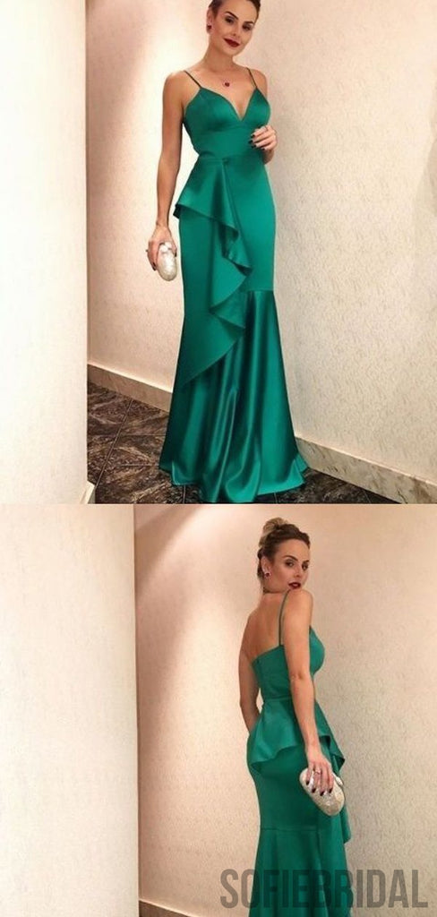 Spaghetti Ruffles Long Mermaid Soft Satin Prom Dresses, PD0872