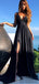 Black V-neck Long Side Slit Prom Dresses, Jersey Prom Dresses, Cheap Prom Dresses, PD0741