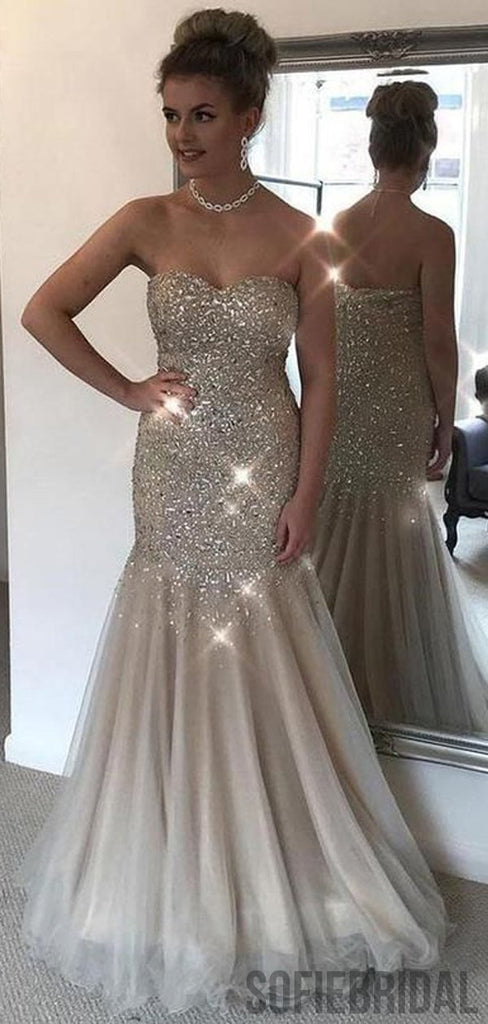 Sweetheart Long Mermaid Rhinestone Beaded Prom Dresses, PD0867