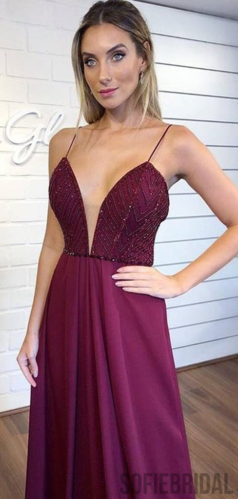 Spaghetti Long A-line Chiffon Beaded Prom Dresses, Formal Dresses, PD0903