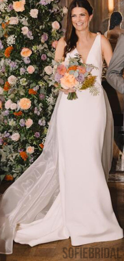 V-neck Long Mermaid Ivory Elegant Wedding Dresses, WD0292