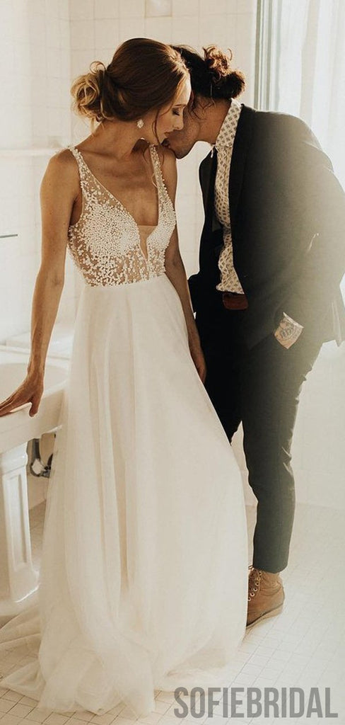 V-neck Beaded Long A-line Gorgeous Wedding Dresses, WD0280