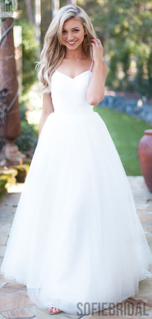 Simple Elegant Long A-line Ivory Tulle Wedding Dresses, WD0295