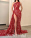 Sexy Sequin One Shoulder Sleeveless Side Slit Mermaid Long Prom Dresses,SFPD0684