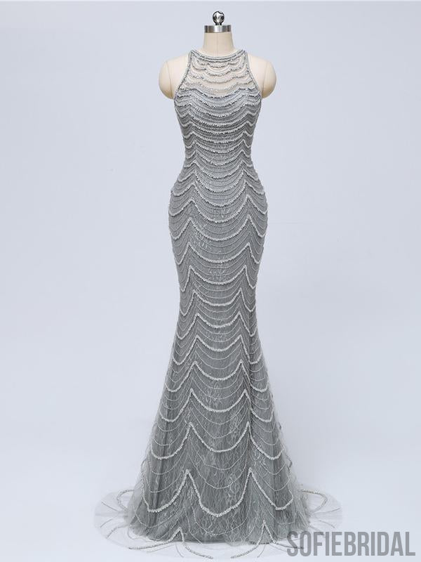 Long Mermaid Gray Beaded Sexy Luxury Prom Dresses, PD0920