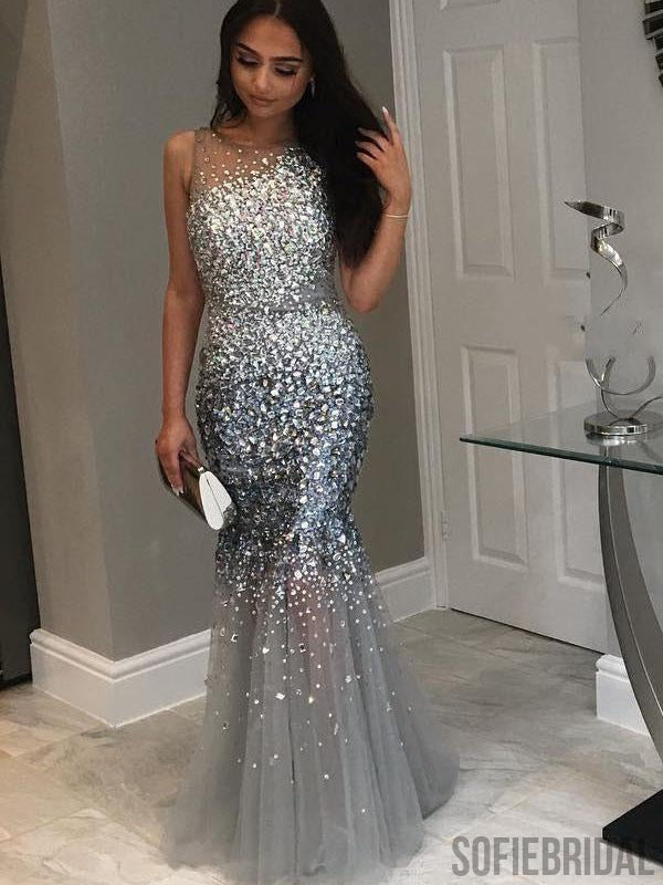 Gorgeous Silver Rhinestone Mermaid Prom Dresses, Sleeveless Prom Dresses, PD0766